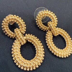 Textured Gold Double Hoop Drop Earrings - Women Jewelry